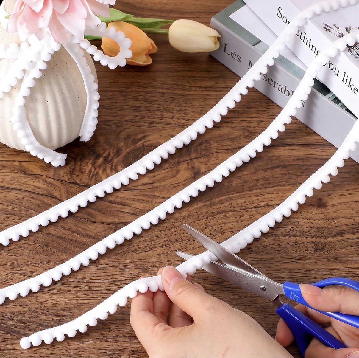 PH PandaHall 25 Yards Pom Poms Balls Fringe Trim, 1/2 25 Yards/12mm, White