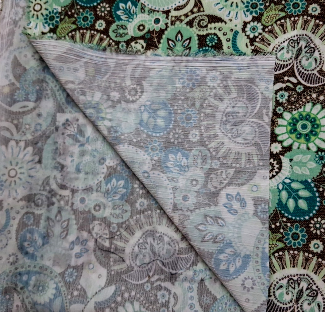 3 ydx 56″w Polyester Light Crinkle Fabric Green Brown Floral Paisley NO STRETCH