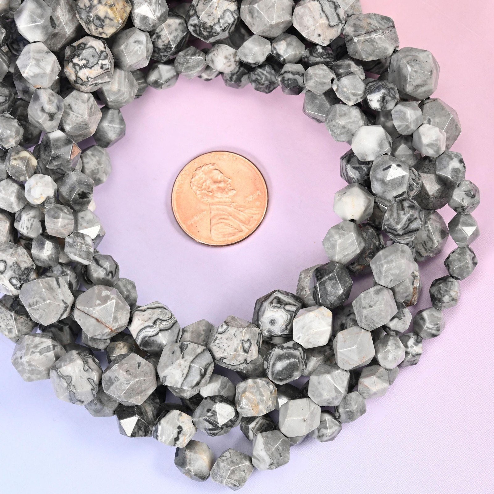 Map Jasper Beads: Faceted Diamond Star Cut, 6-10mm, 15.5 inch Strand