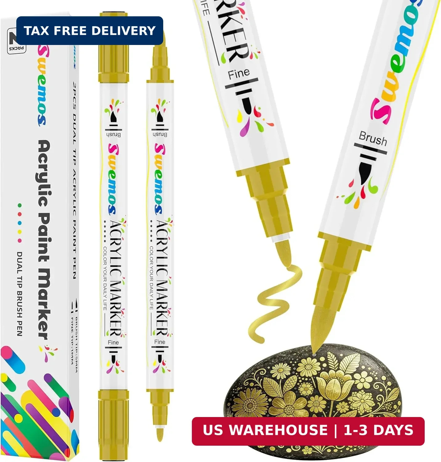 Swemos 2Pcs Gold Acrylic Paint Pens Markers, Dual Tip with Fine Tip and Brush Ti