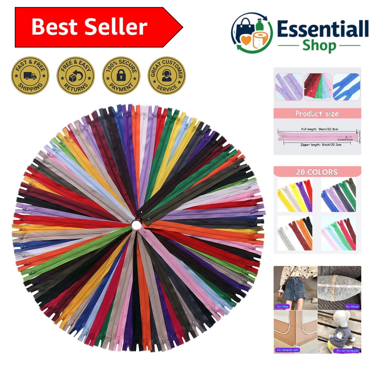 60 Pack of 8 Inches Mix Nylon Coil Zippers Bulk – Supplies Zippers for Tailor…