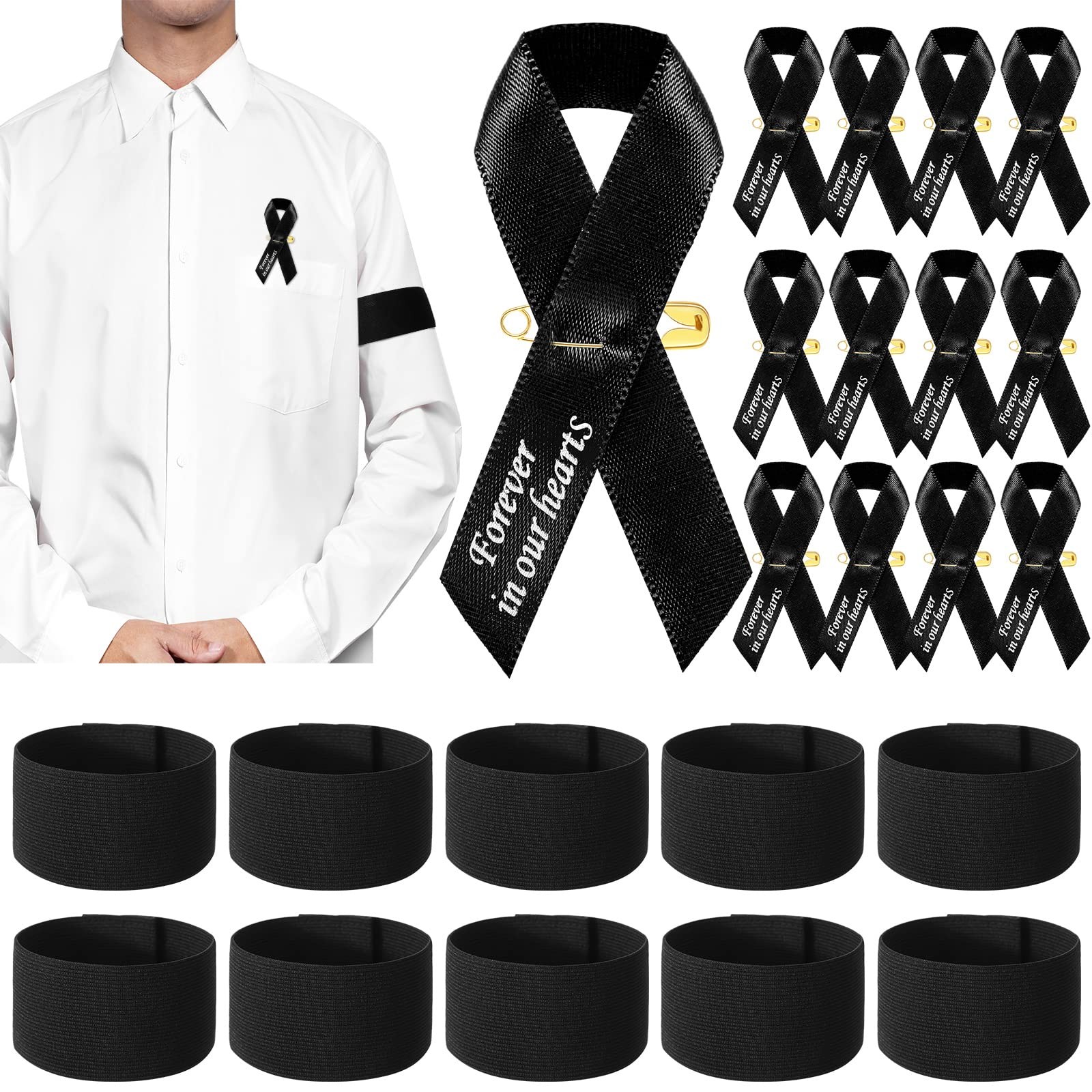 50 Mourning Ribbon Pins 25 Funeral Mourning Arm Bands for Memorial Event