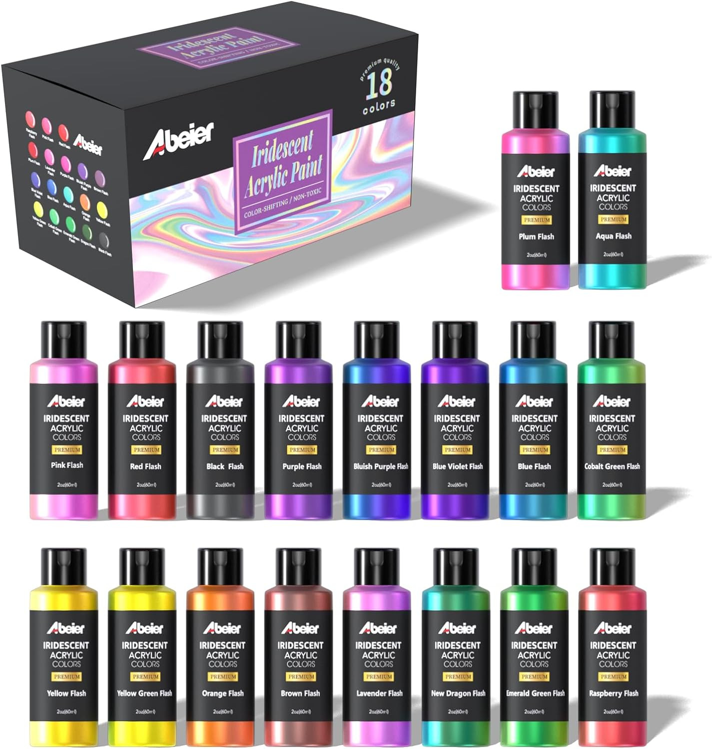 Iridescent Acrylic Paint, Set of 18 Chameleon Colors, 2 Oz/60Ml Bottles