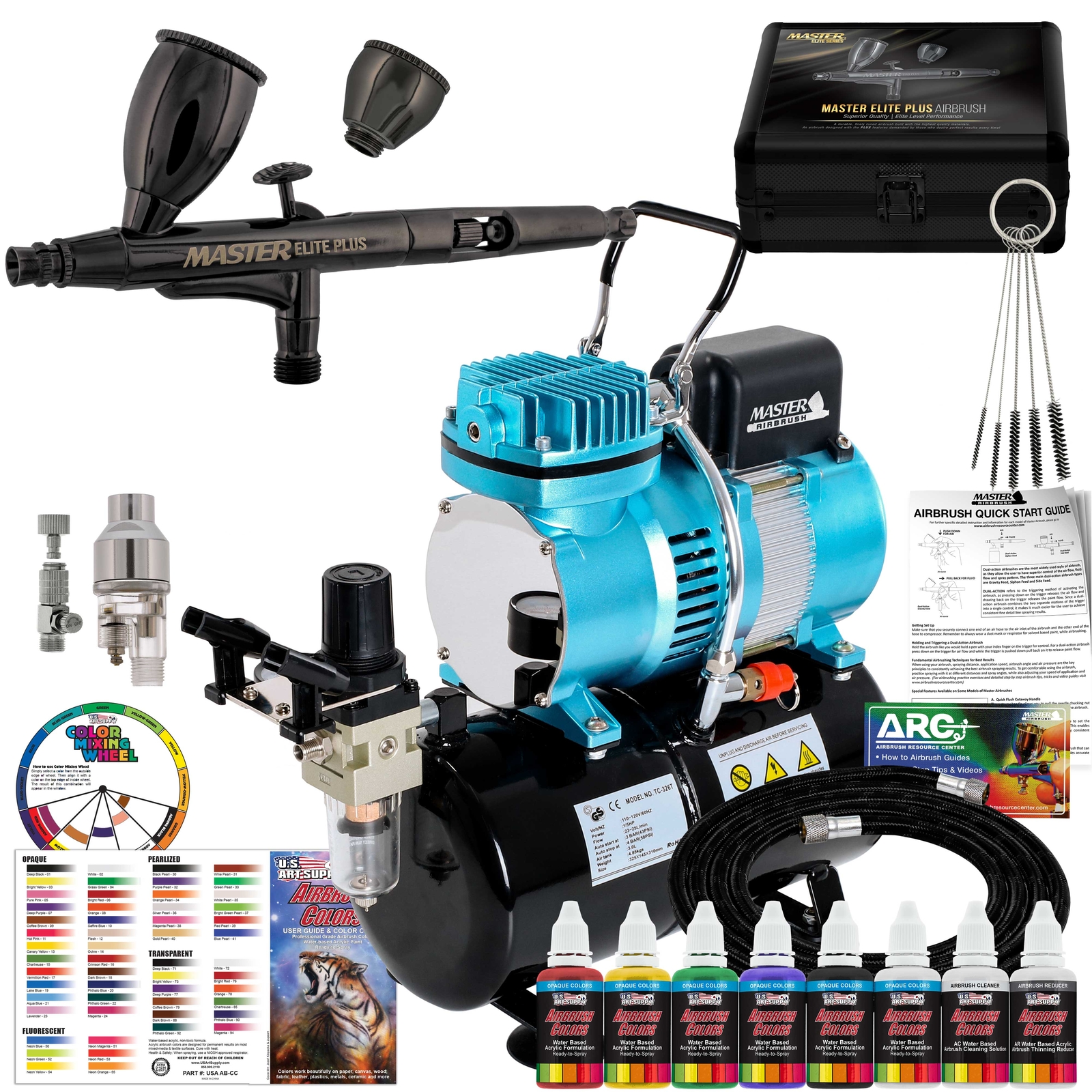 Tank Compressor System Kit, Master Elite Plus Airbrush Set, 6 Acrylic Paint