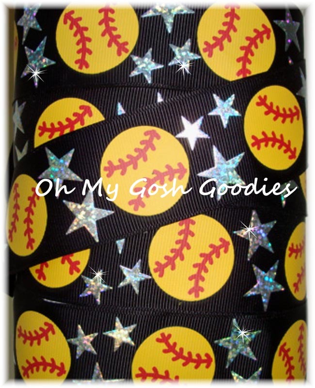 2 1/4 STAR SOFTBALL HOLOGRAM BLING BASEBALL GROSGRAIN RIBBON 4 BOW CHEER BLACK