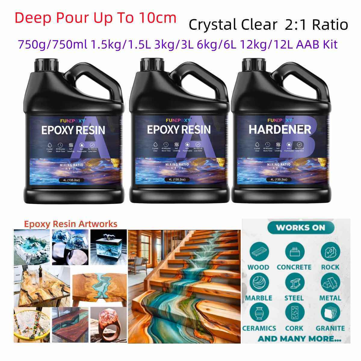 Clear Epoxy Resin – 1.5kg 3kg 6kg 12kg/3 Gallons Kit – DEEP POUR 2A:1B 2″-4″