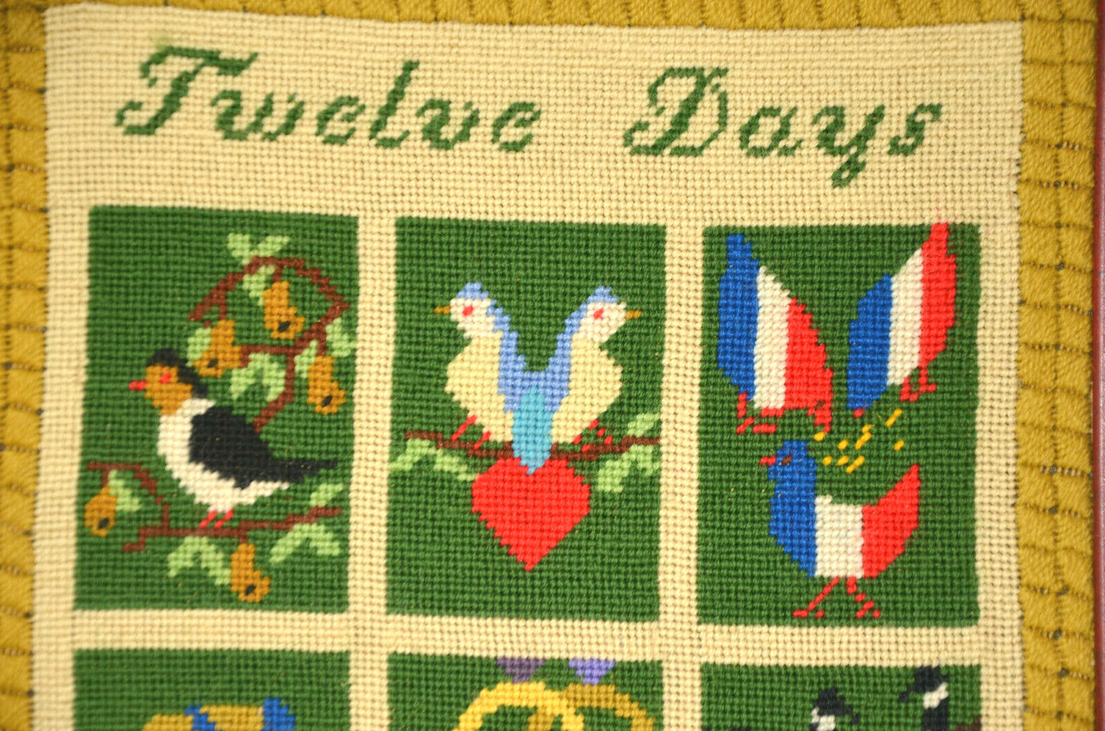 12 Days of Christmas Needlepoint Embroidery Art Frame LARGE 27×14 Vtg Crewelwork