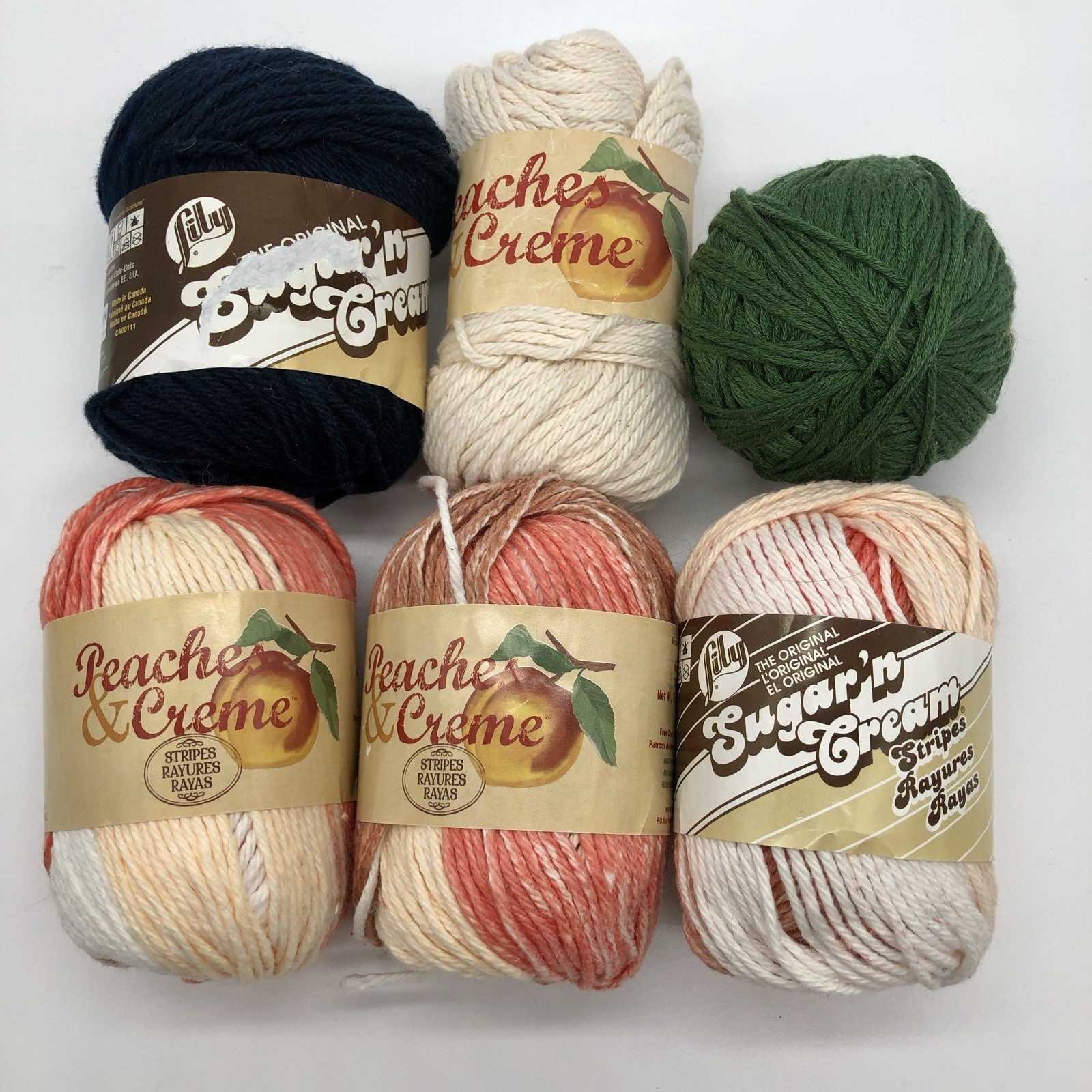 PEACHES & CREME Yarn Mixed Lot (6) Items COTTON Dishcloths, Hotpads 11.9oz ttl