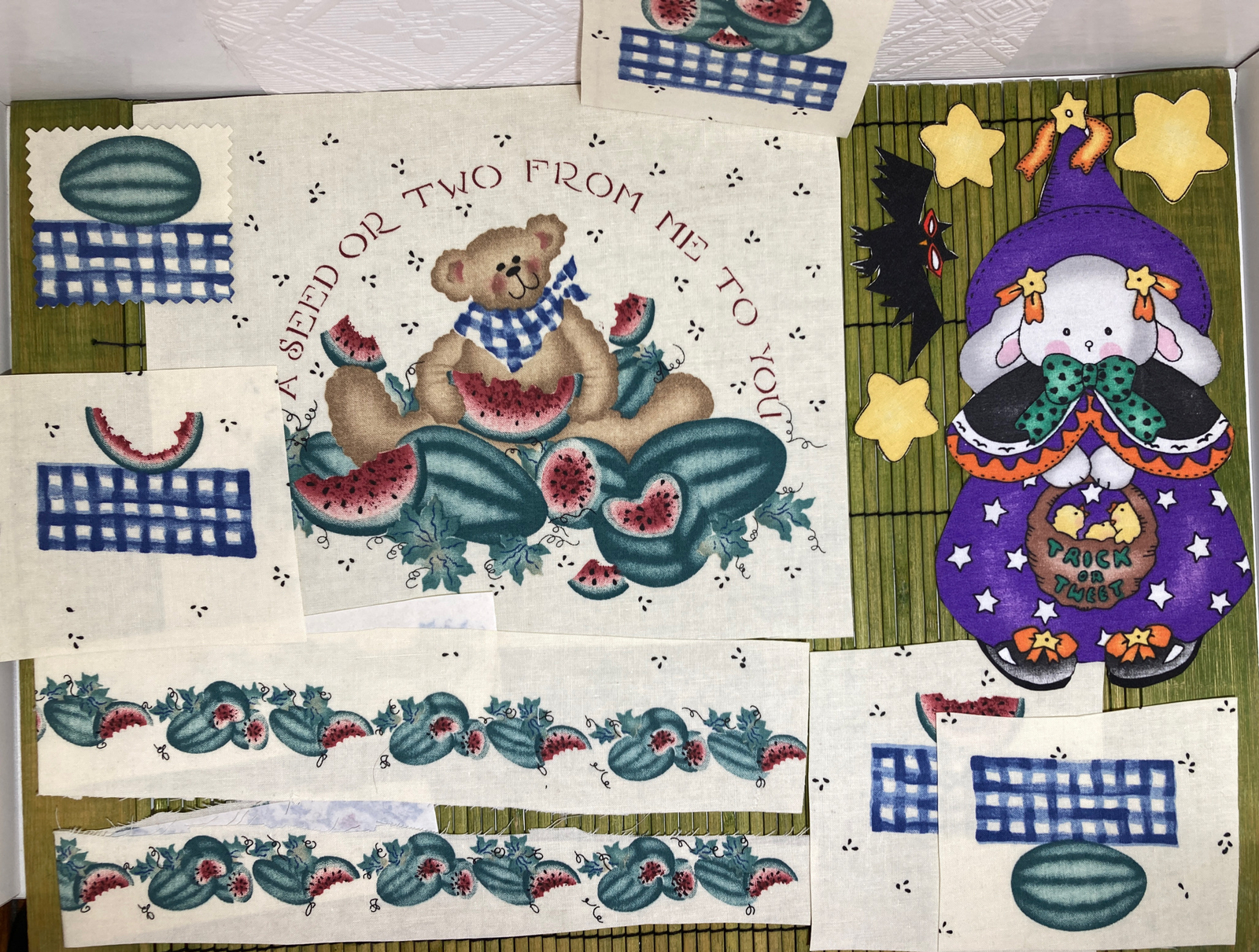 Halloween Rabbit Watermelon Handcut Lot of 13 Fabric Appliques w/Iron-on Back