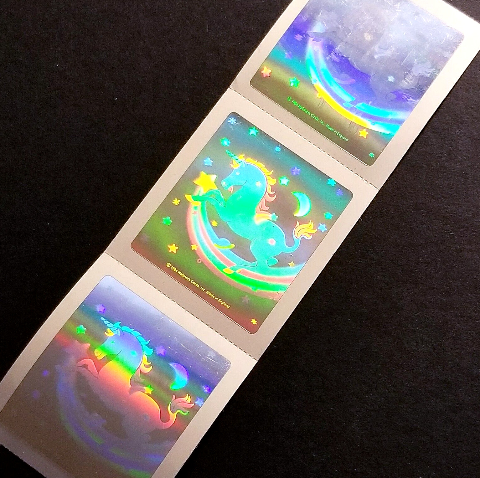Vintage 1984 HALLMARK Unicorn Stars Rainbow Holographic Hologram Sticker Strip