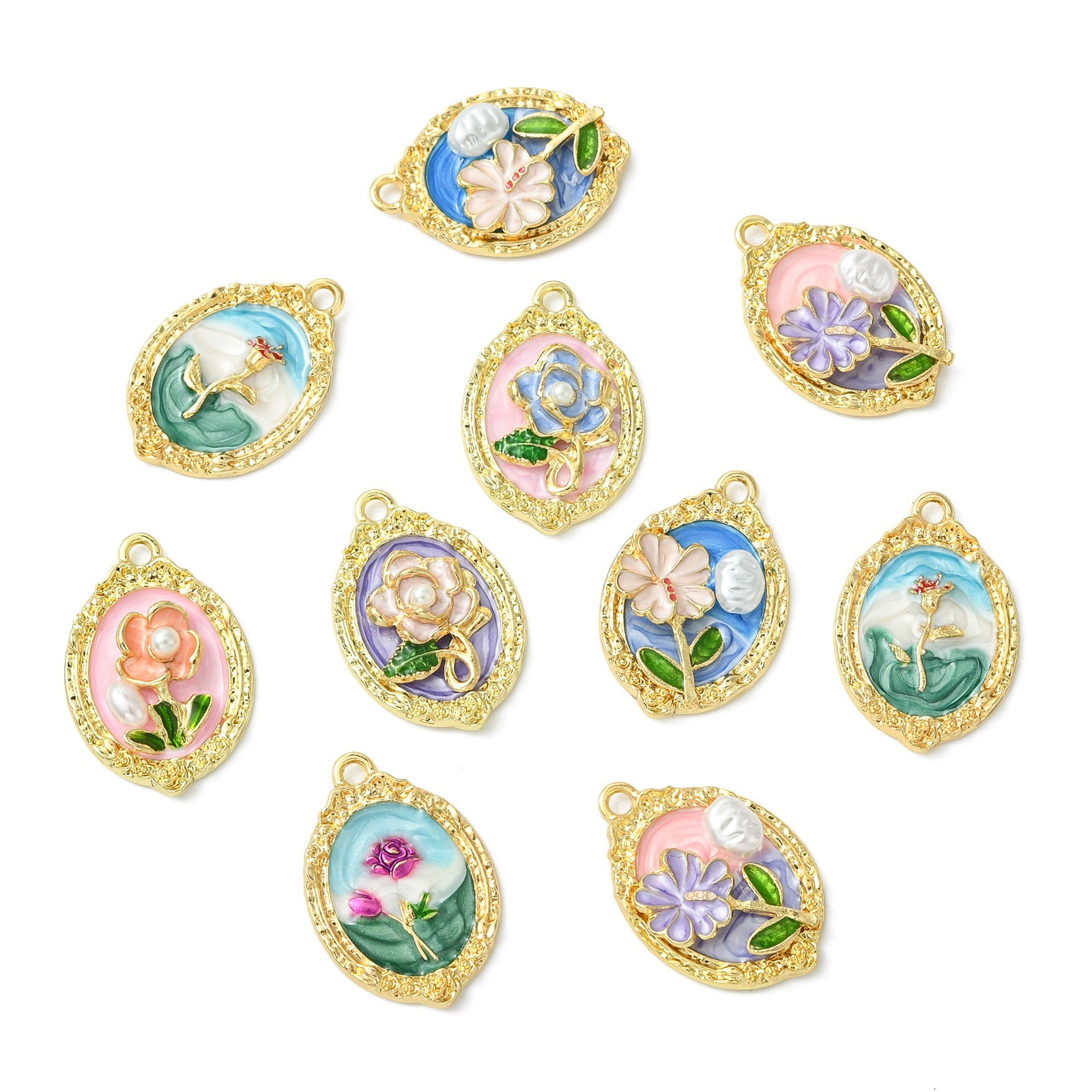 14x Alloy Flower Pearl Charms Oval Pendants for Earrings Necklace Jewelry Making