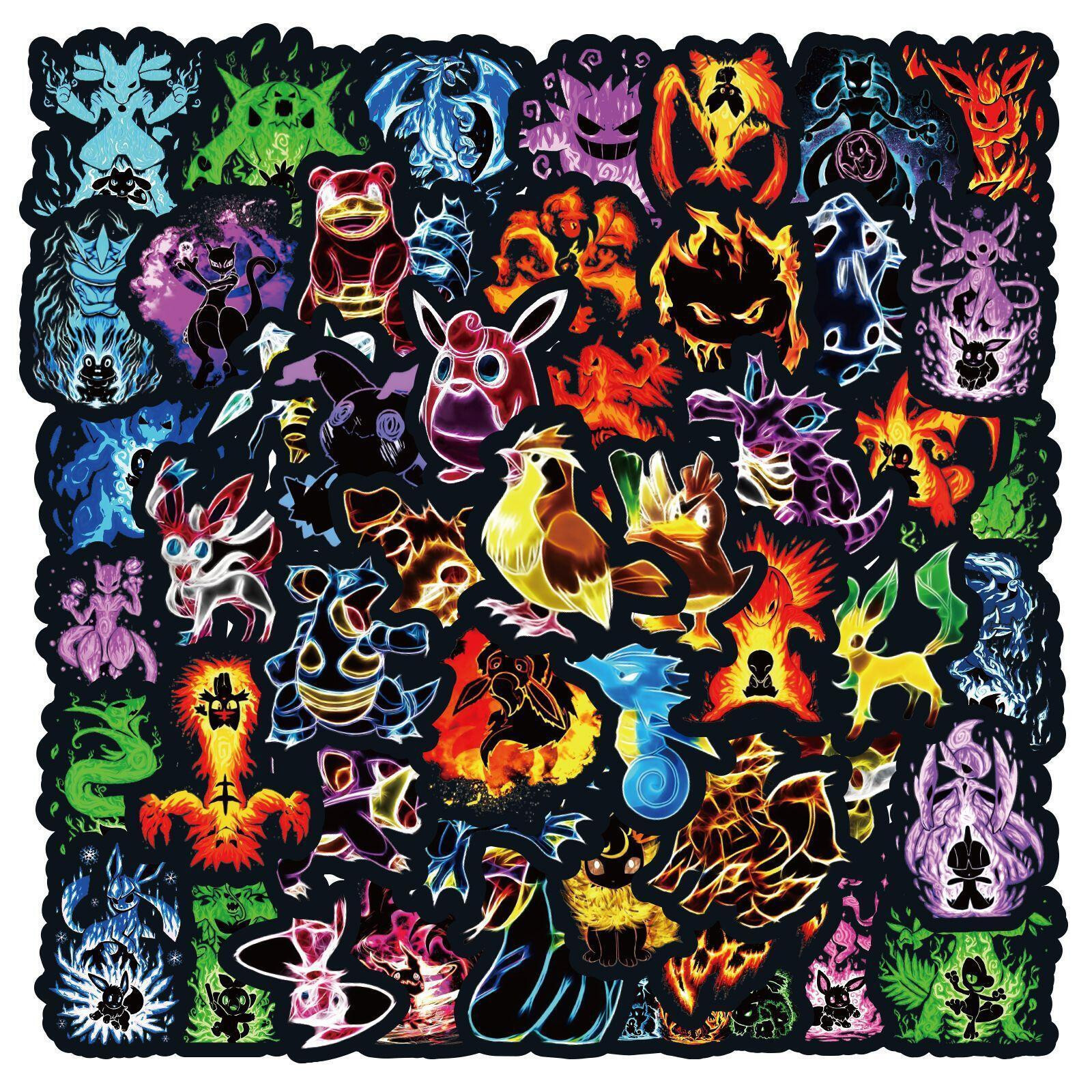 60 pcs Neon Pokemon Cartoon Stickers Pack Anime For Laptop Skateboards Luggage