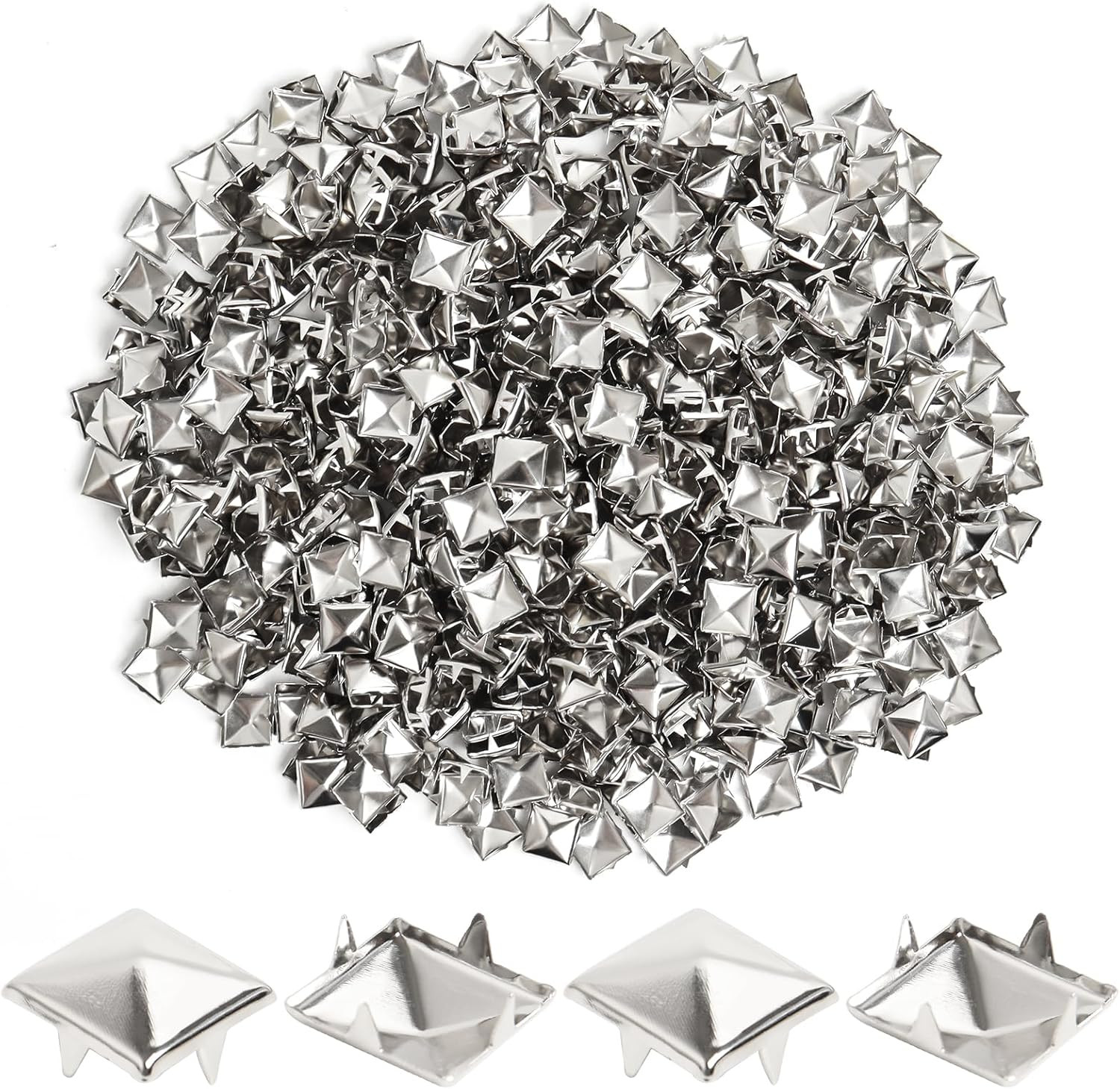 200 Pcs 10Mm Silver Studs for Clothing Four-Jaw Square Punk Spikes Pyramid Studs