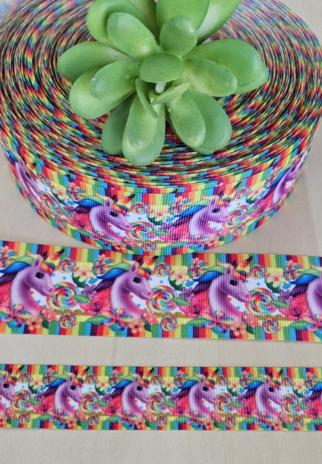 7/8 & 1.5″ (1 YD) Unicorn Grosgrain Ribbon Rainbows Lollipop Hair Bow Ribbon