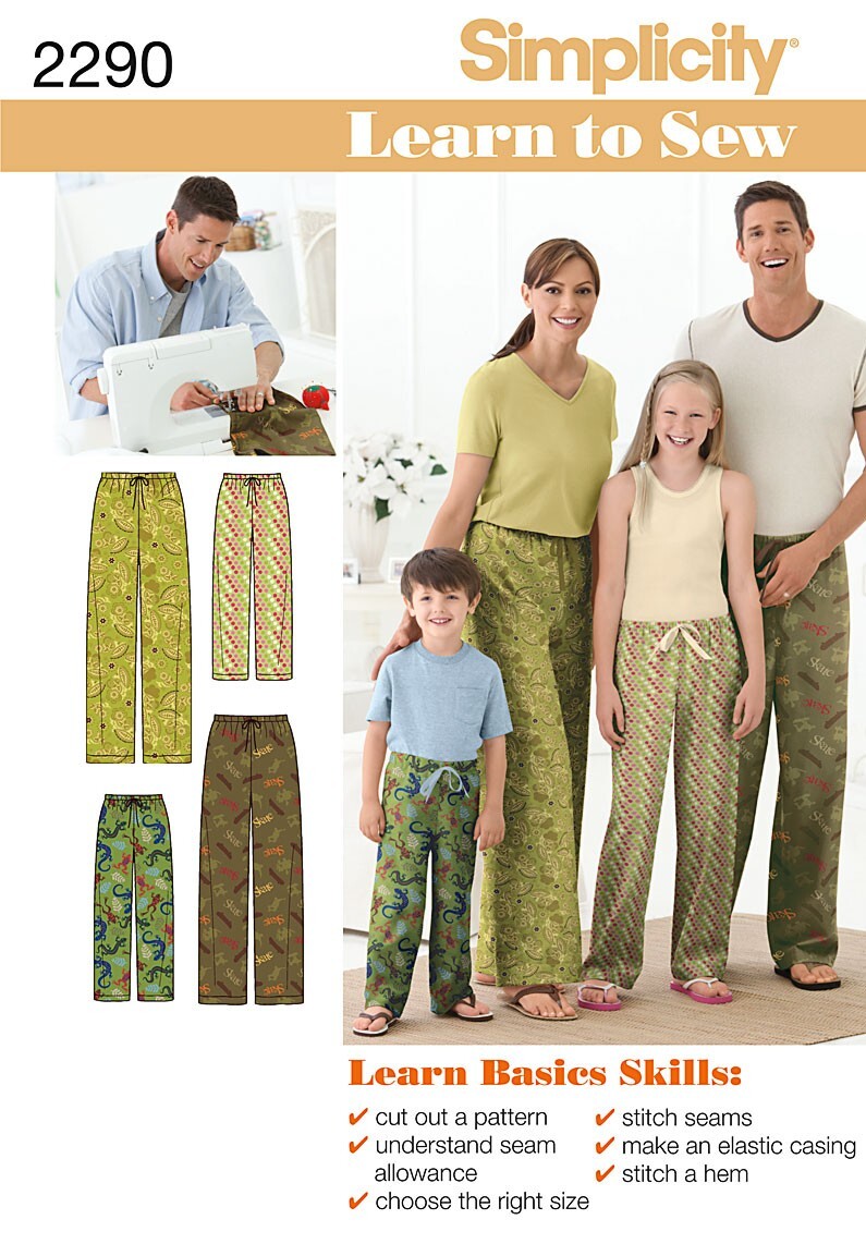 Simplicity Learn To Sew Child Teen & Adult Pants Family PJs Pants Pattern 2290