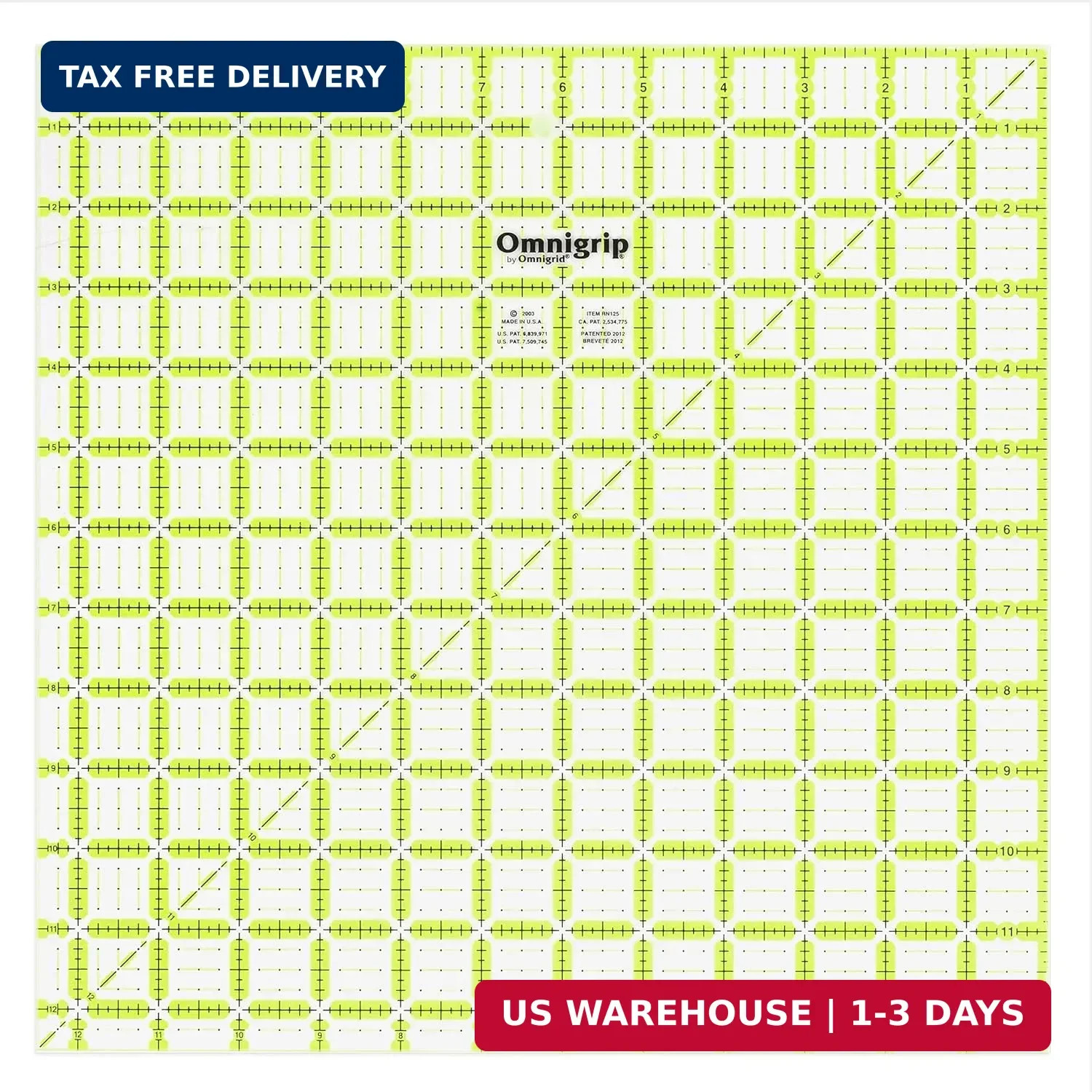 Omnigrip Non-Slip Square Quilting Ruler | Cuts 12-1/2″ x 12-1/2″ Fabric, By Omni