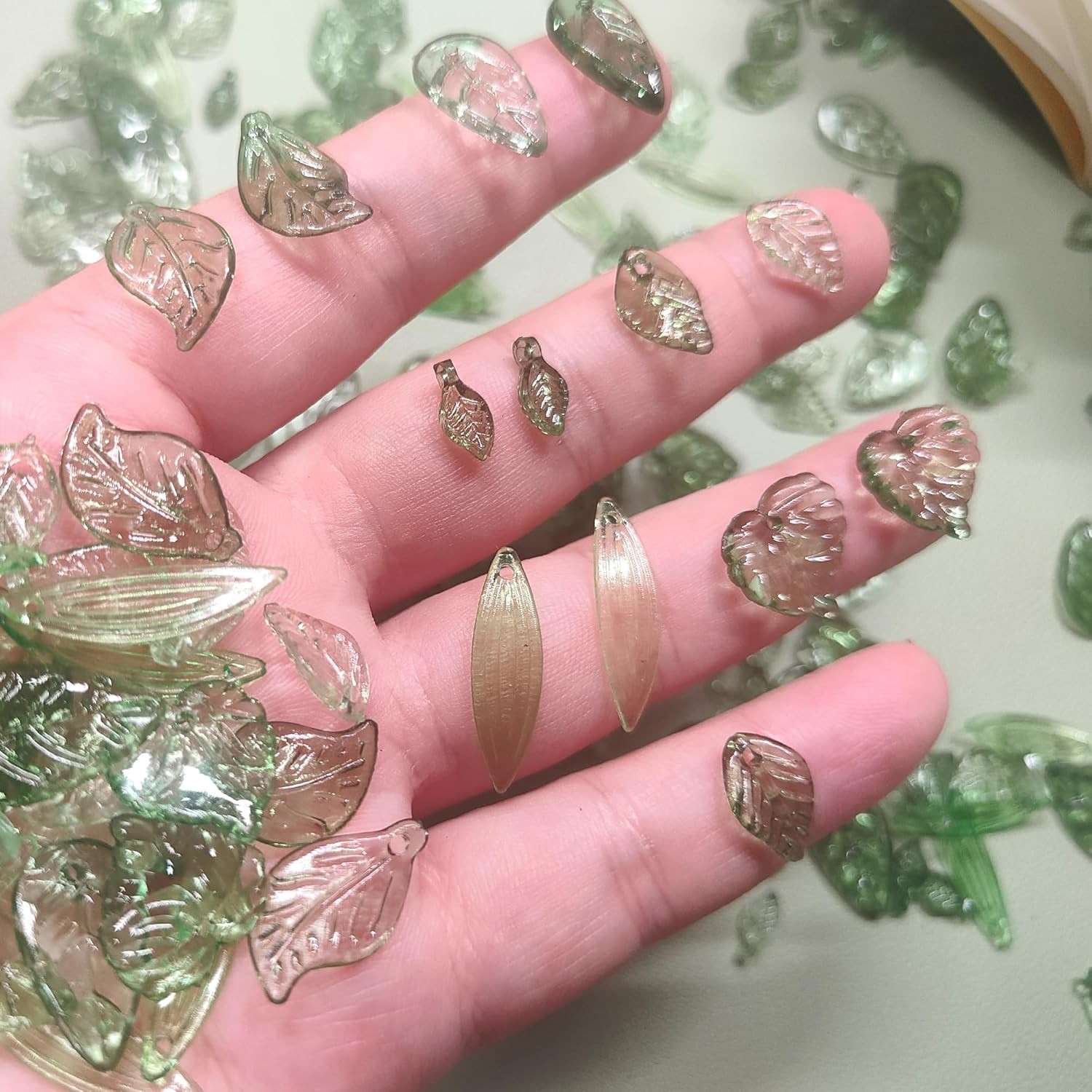 Assorted Green Leaf Beads for Jewelry Making – 120PCS Acrylic Craft Charms Bulk