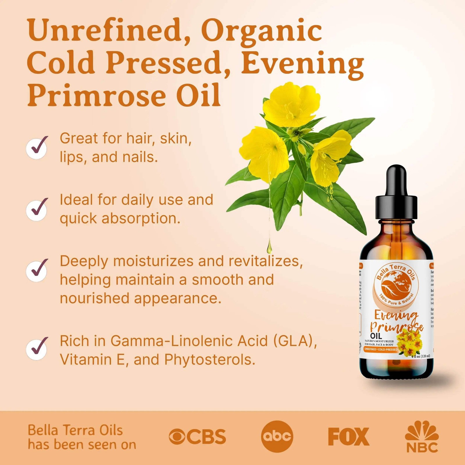 Organic Cold-Pressed Evening Primrose Oil 100% Pure Skin Hair Face Moisturizer