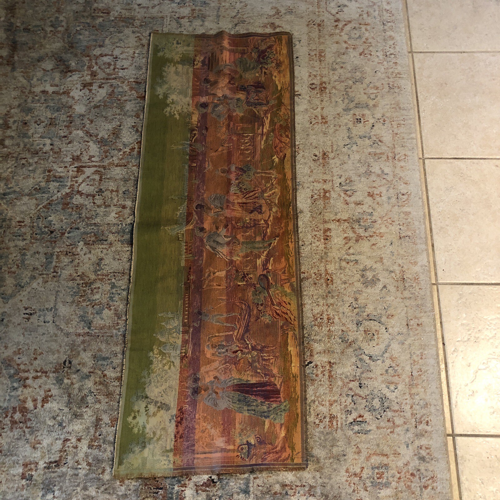 Vintage Tapestry Runner Old World Courting & Boating Scene 19″x 56″ Long
