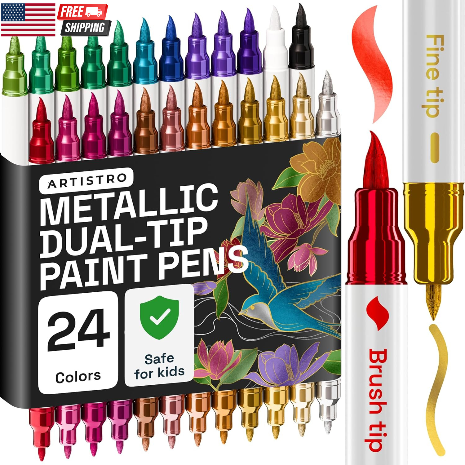 24 Metallic Acrylic Paint Markers – Paint Pens for Drawing, Brush + Fine Tips –