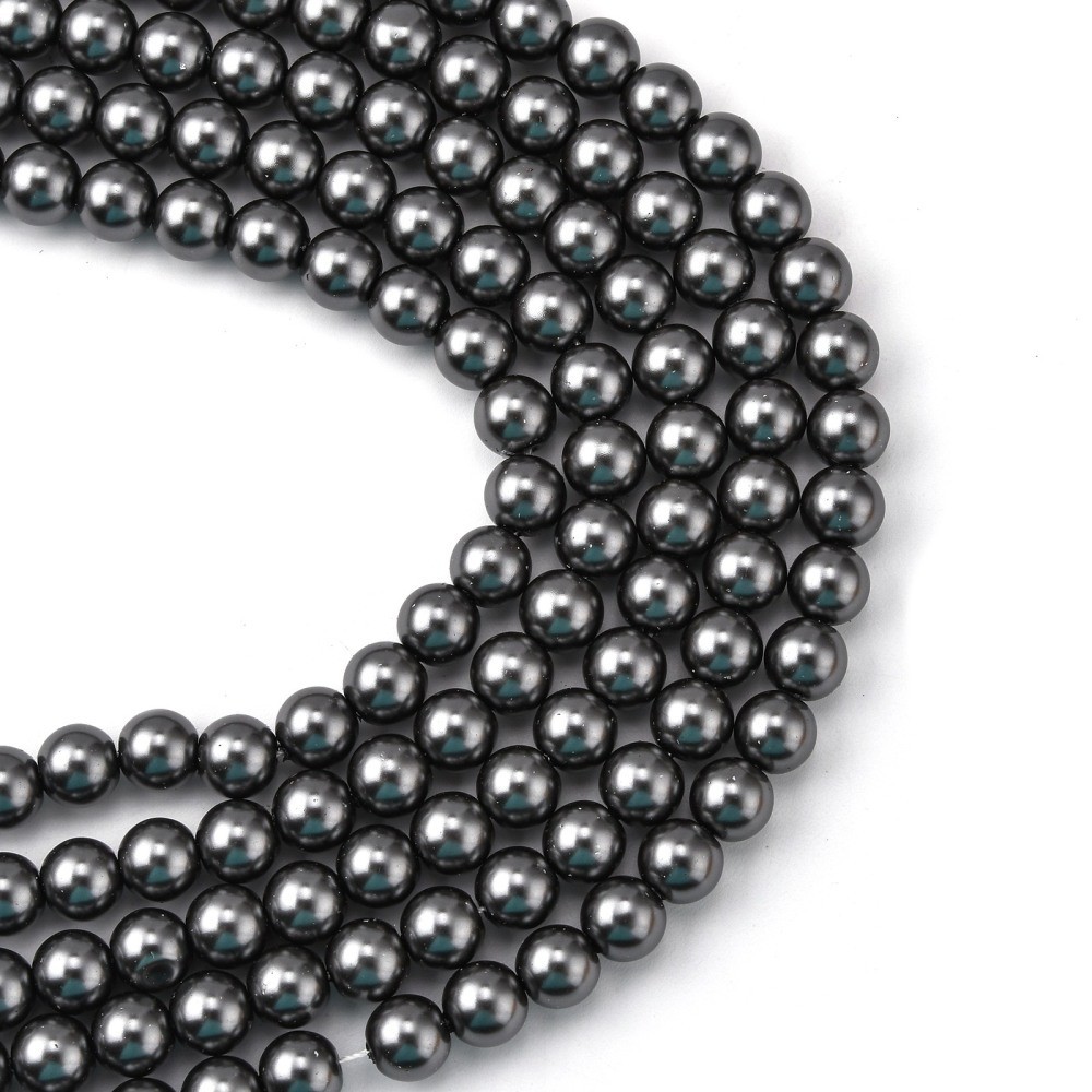8mm Silver Charcoal Glass Pearl Imitation Round Beads – Approx. 100 Beads