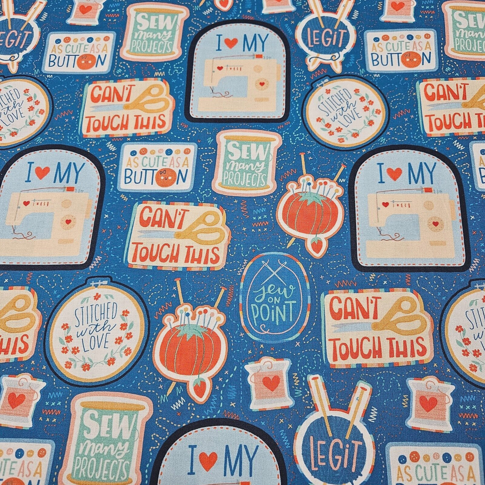 Stitched With Love BTY Loni Harris P&B Textiles Faux Patch Sayings on Blue