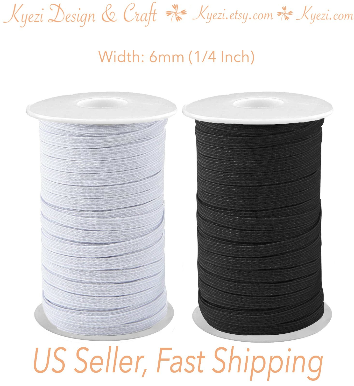 1/4 inch (6mm) Flat Skinny Elastic Band Black / White 1 5 10 20 50 100 yards
