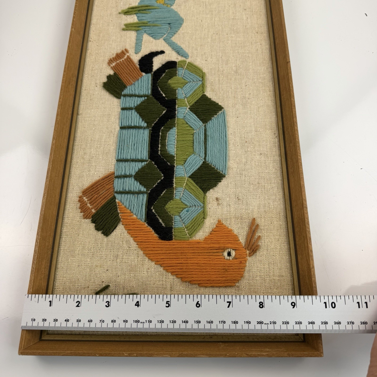 Vtg Framed Crewel Embroidery Wall Folk Art Tortoise & Hare Mid Century MCM Boho