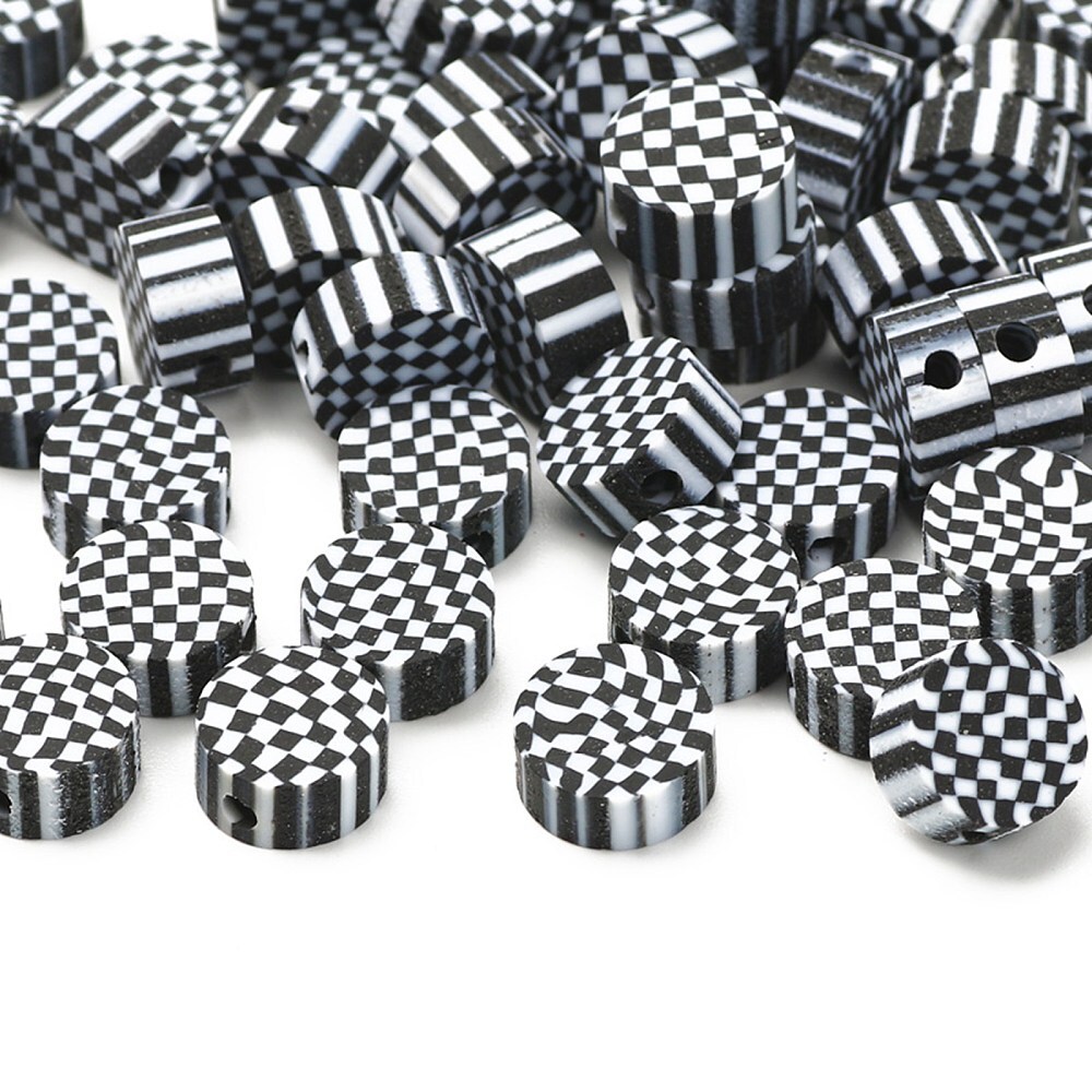 100pcs Handmade Polymer Clay Bead Black& White Checkerboard Beads for Jewelry
