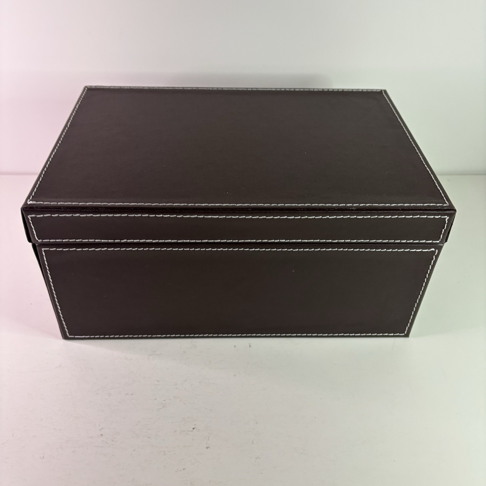 Photo Storage Organizer Box w/ Cases. Faux Brown Leather, Clear Cases with label