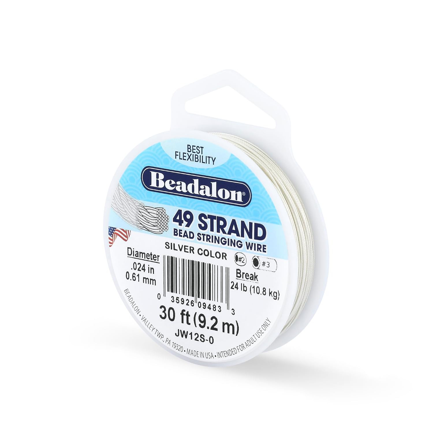 49 Strand Bead Stringing Wire, .024 in / 0.61 Mm, Silver Color, 30 Ft / 9.2 M