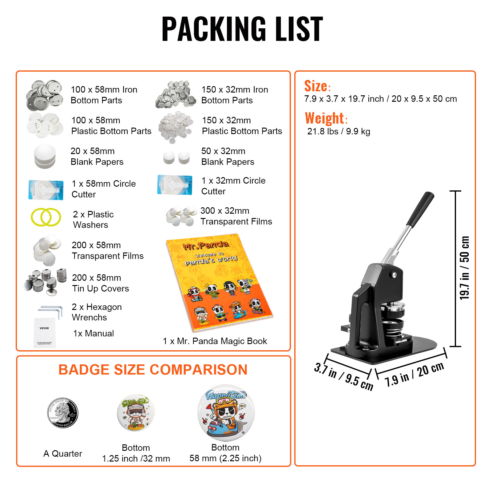 VEVOR Button Maker Machine Badge Pin Machine 1.25″+2.25″ 500Free Parts Press Kit