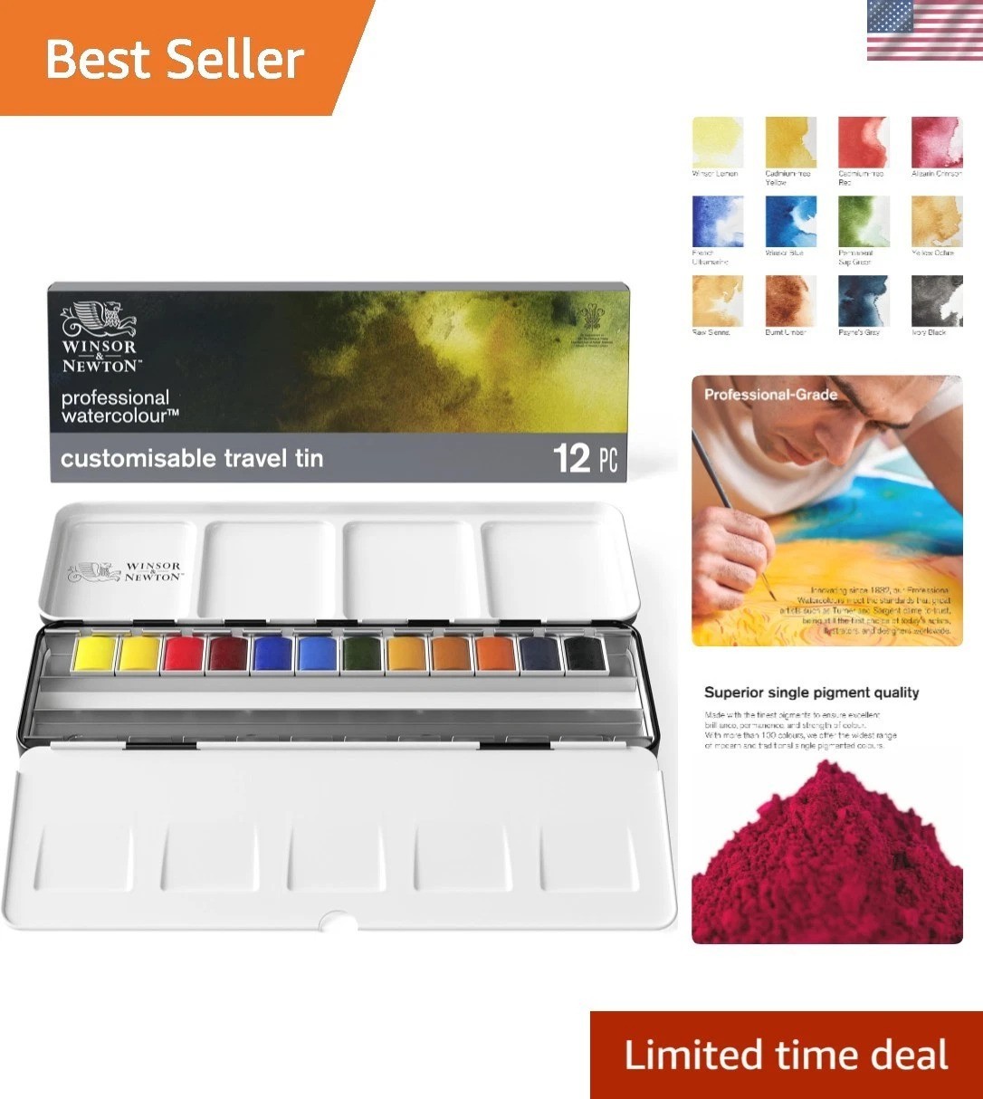 Professional Watercolor Paint Set, Black Box Set, 12 Half Pan
