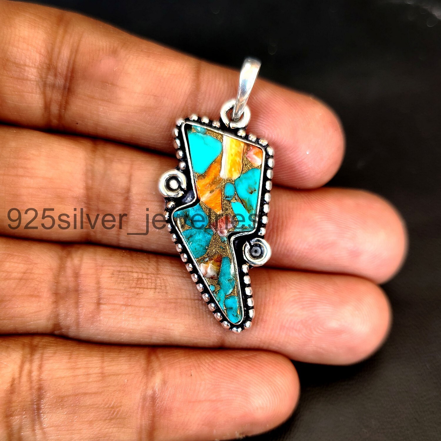 Oyster Turquoise Lightning Bolt 925 Sterling Silver Handmade Women Pendant P#455