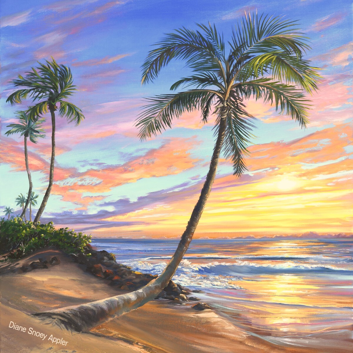 Sunset Palms Tropical Beach Fabric Quilt Square Palm Trees Ocean Reflections