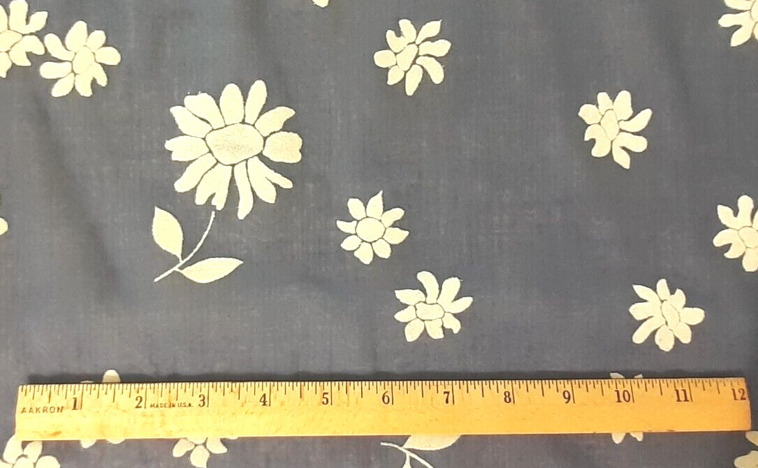 1950s Vtg. Swiss Flocked Fabric BTY *White Flowers On Dk. Blue Semi Sheer *Rare