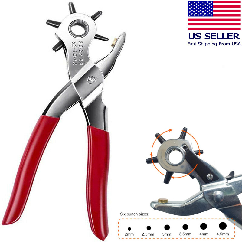 9″ Leather Hole Punch Hand Pliers Belt Holes 6 Sized Puncher Heavy Duty Tool New