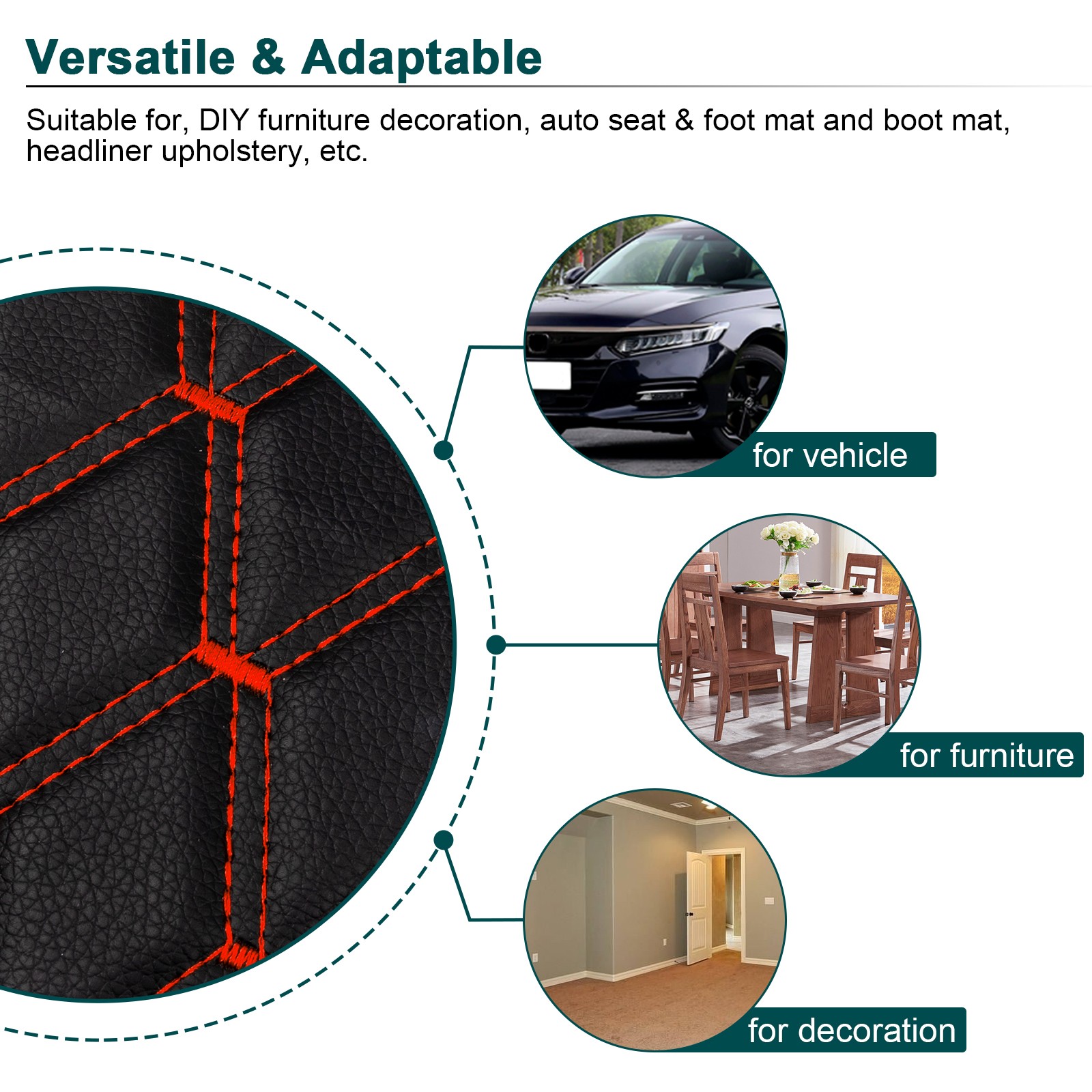 63″ Quilted PU Leather Fabric Diamond Red Stitch Car Upholstery Material DIY