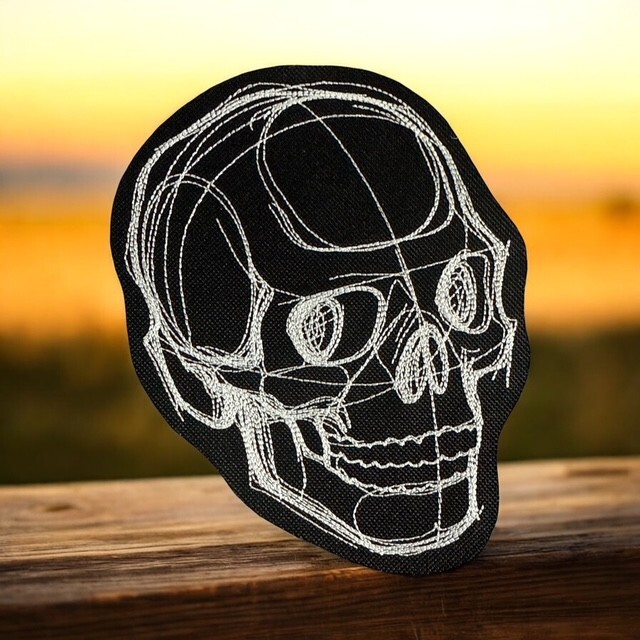 Sketch work Skull Embroidered Patch – Minimalist Skull Design on Black