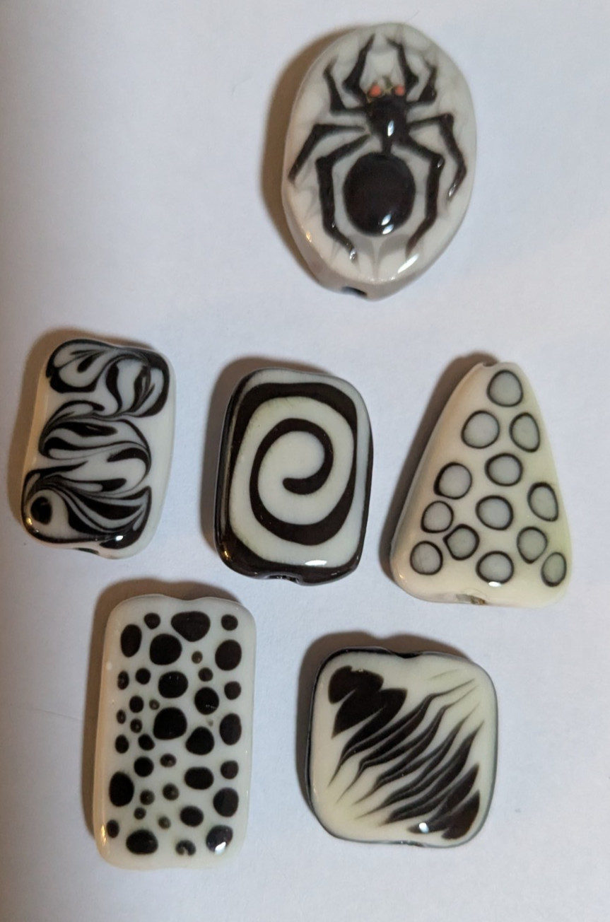 Lot of 6 Handmade Reversible Black & White Beads, w/Designs & Focal Spider Bead