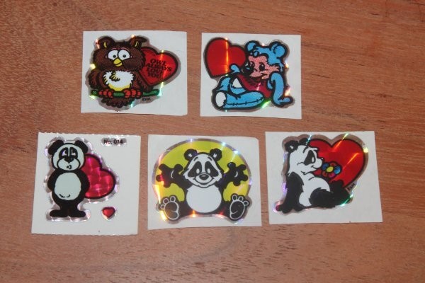 Vintage KEM Prism Sticker mods Panda Teddy Owl Bear Heart lot of 5 1980s