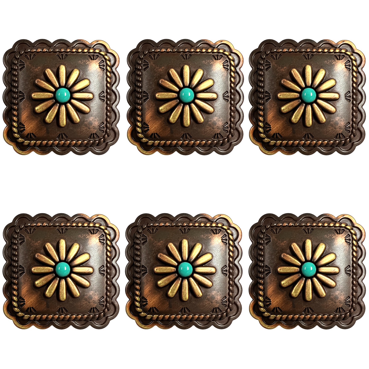 Set of 6 Square Conchos Southwestern Antique Brass Rope Edge Concho Screw Back