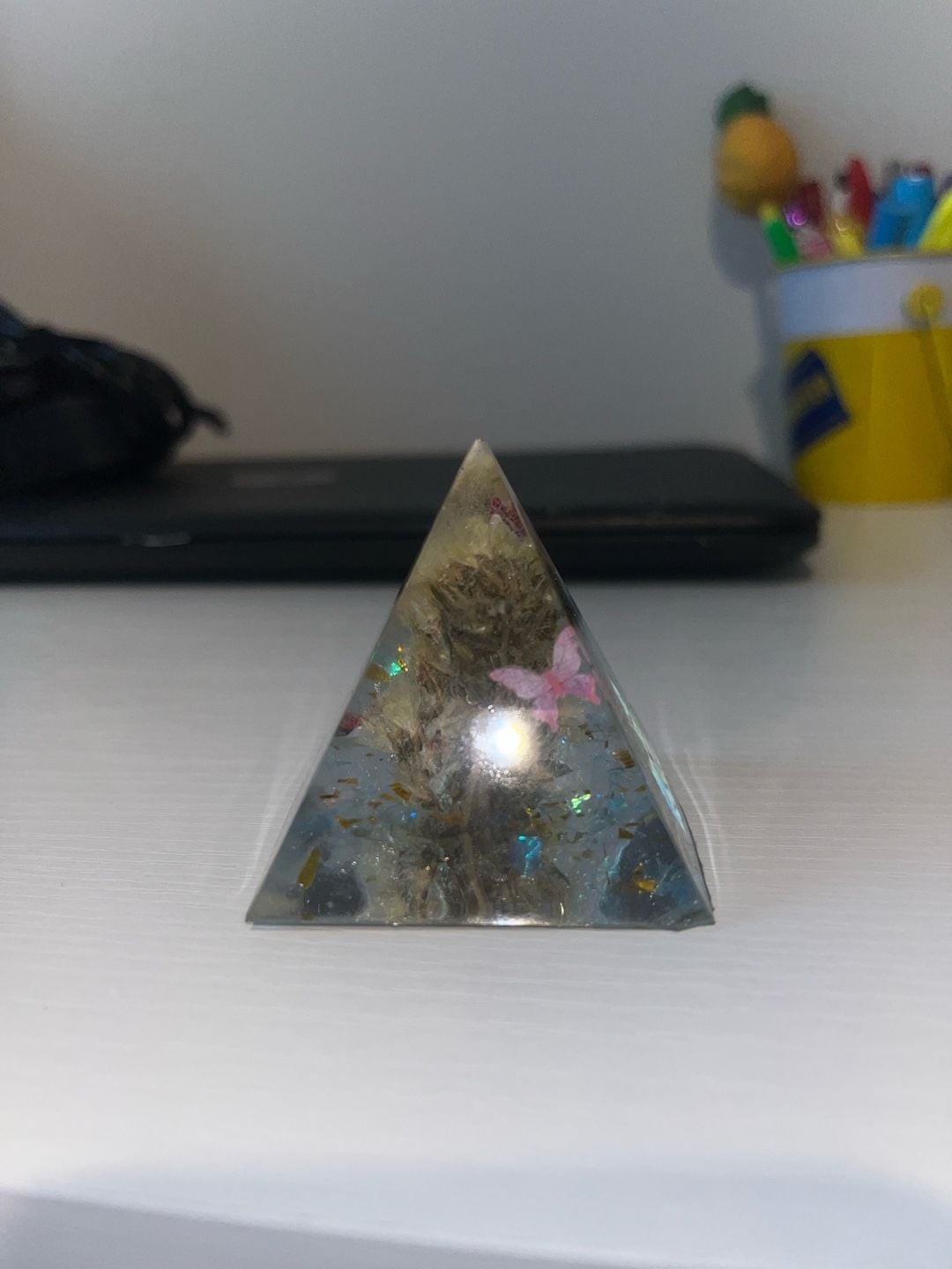 Handmade Resin Pyramid with Dried Flowers, Butterflies, and Holographic Glitter