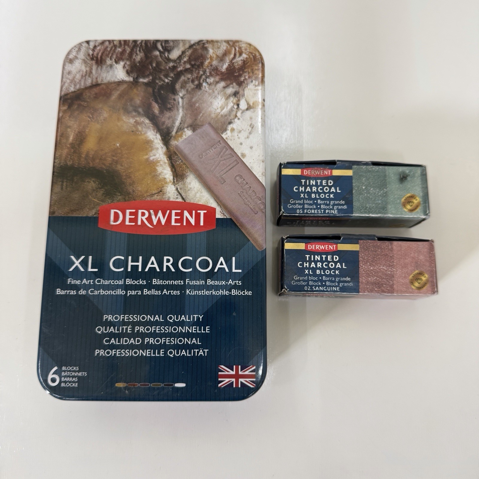 Derwent Tinted Charcoal XL Blocks – Assorted, Set of 6 In Tin Box Plus 2 Others