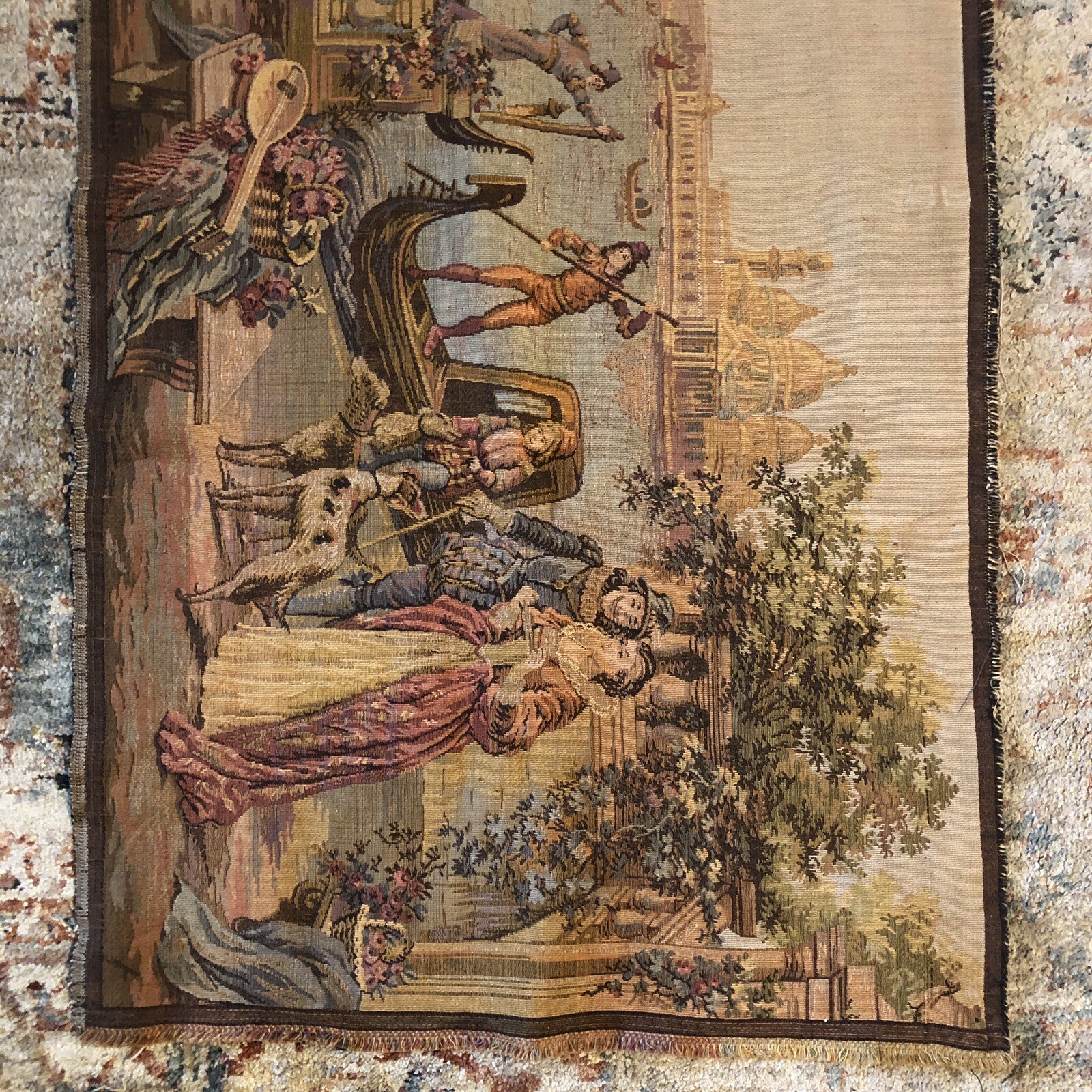 Vintage Tapestry Runner Old World Courting & Boating Scene 19″x 56″ Long