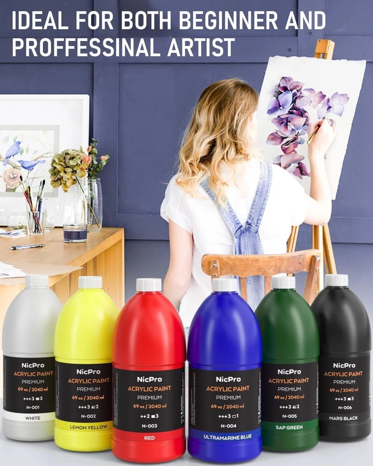 Huge 69oz Bulk Acrylic Paint – 6 Basic Colors, Fade Resistant, Kid & Adult Safe