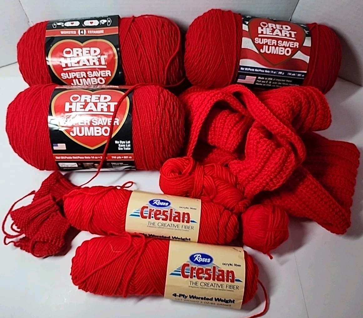 Red Heart Super Saver & Roses Brand Red Yarn Skeins Mixed Lot Of 7 Used & New