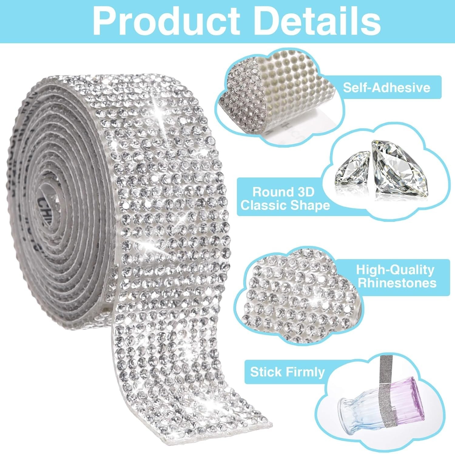 6 Self-Adhesive Rhinestone Ribbon Rolls, Silver Resin Diamond Strips for Crafts