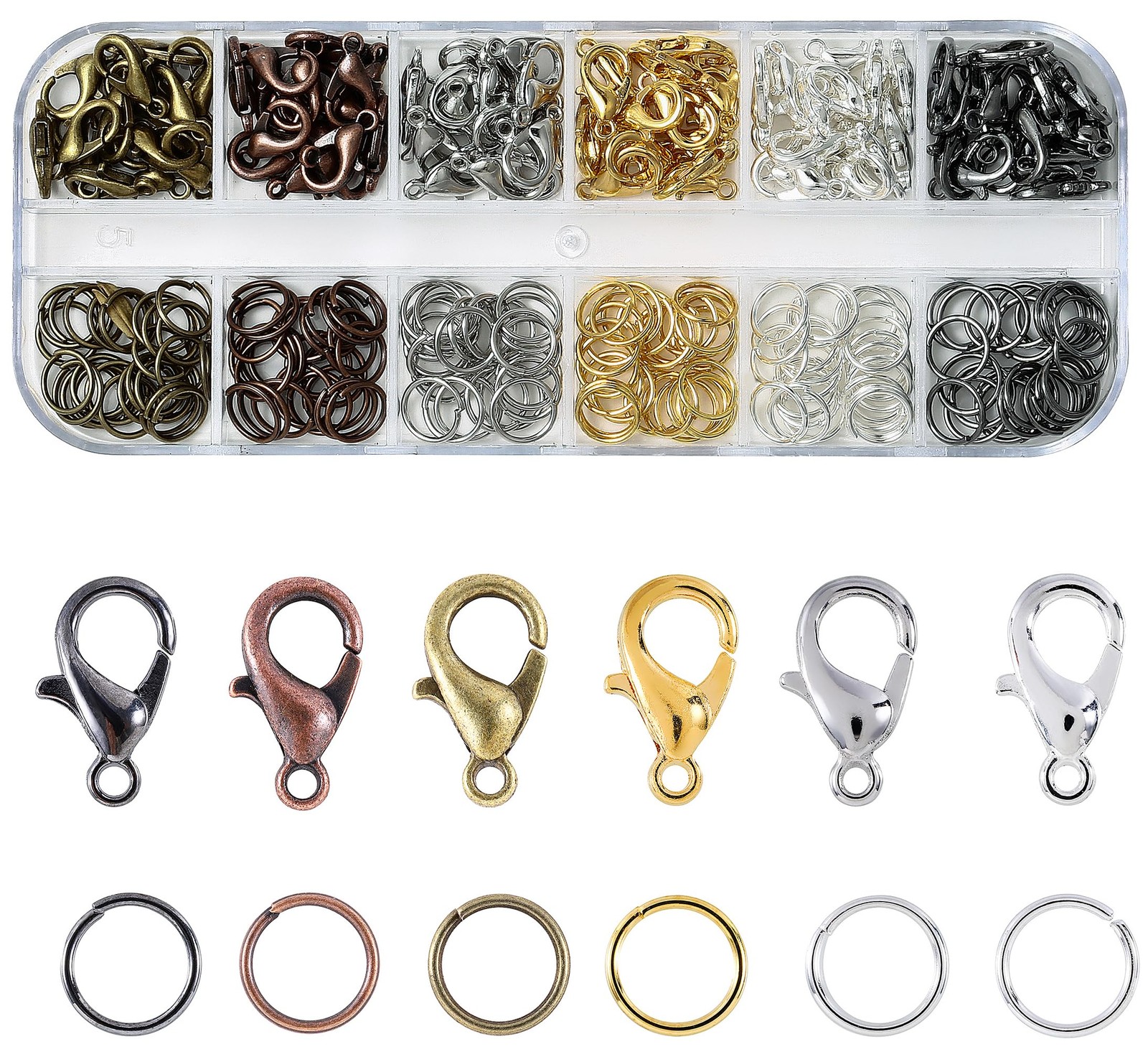 KOPOX Lobster Claw Clasps and Open Jump Rings Set, 6 8mm, 12mm, 6 colors
