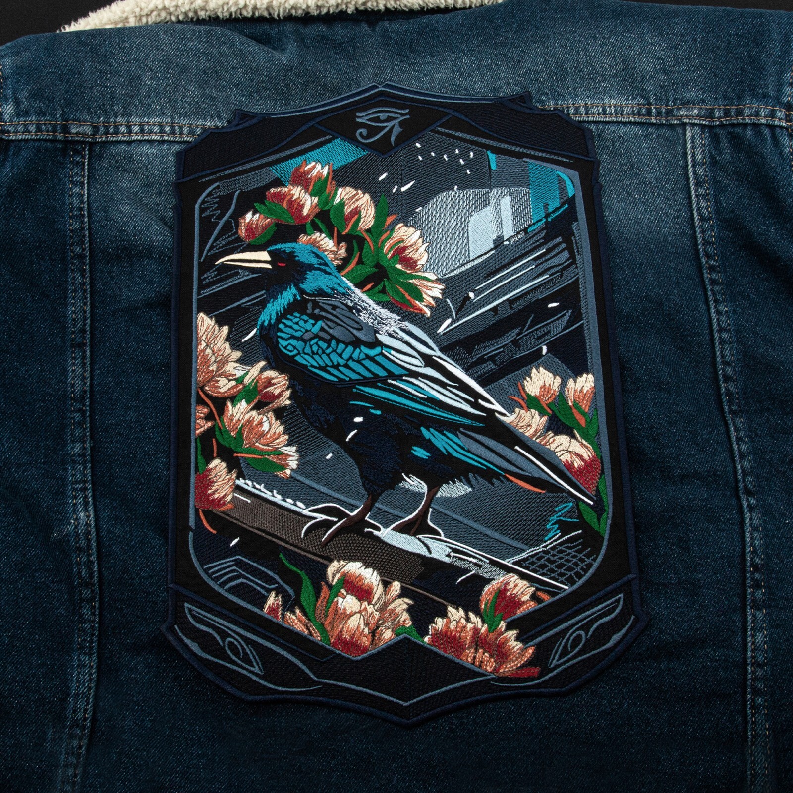 Crow Large Back Patch, Embroidery Witchy Art with Flowers, Raven Bird, Iron On